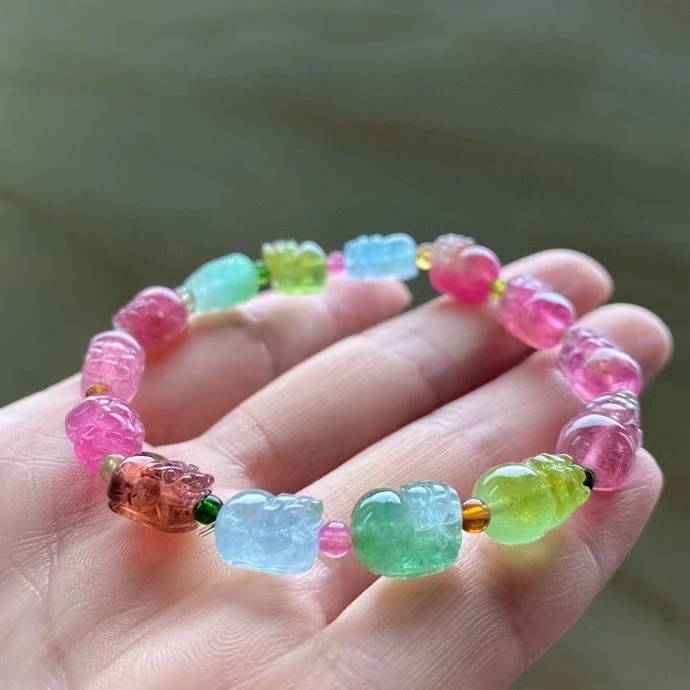 

Genuine Natural Colorful Tourmaline Quartz Bracelet Pi Xiu Clear Round Beads 11*7.8*6mm Brazil Women Men Crystal AAAAAA