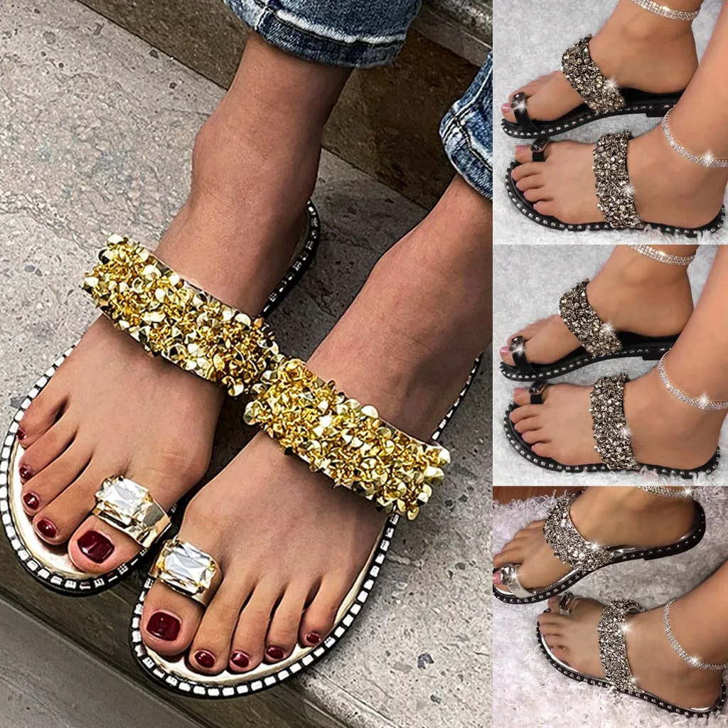 

Gladiator Women Summer Sandals New Crystal Patchwork Slip-On Flats Beach Shoes For Ladies Flip Flop Open Toe Sandals Roman Shoes