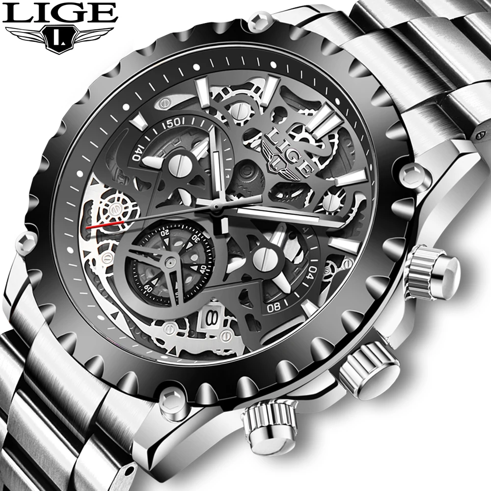 LIGE 2021 из нержавеющей стали полые мужские часы Лидирующий бренд спортивные