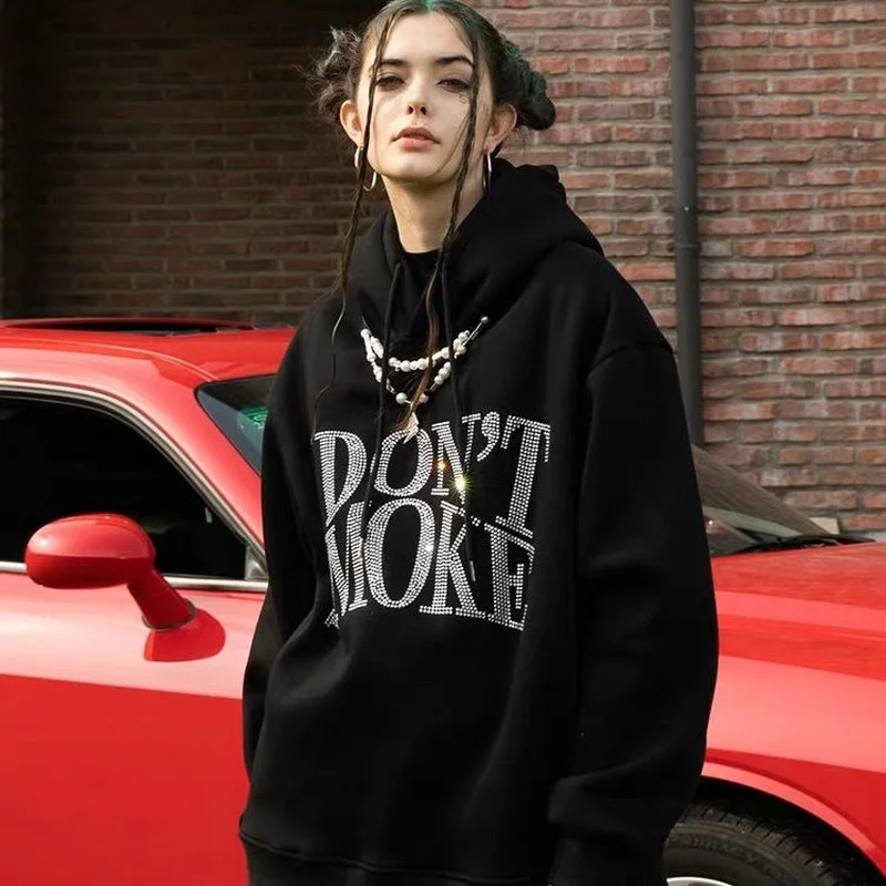 

FAKUNTN HOUZHOU Black Goth Rhinestone Hoodie Streetwear WomenHip Hop Punk GothicHarajuku Oversize Couple Sweatshirt Female