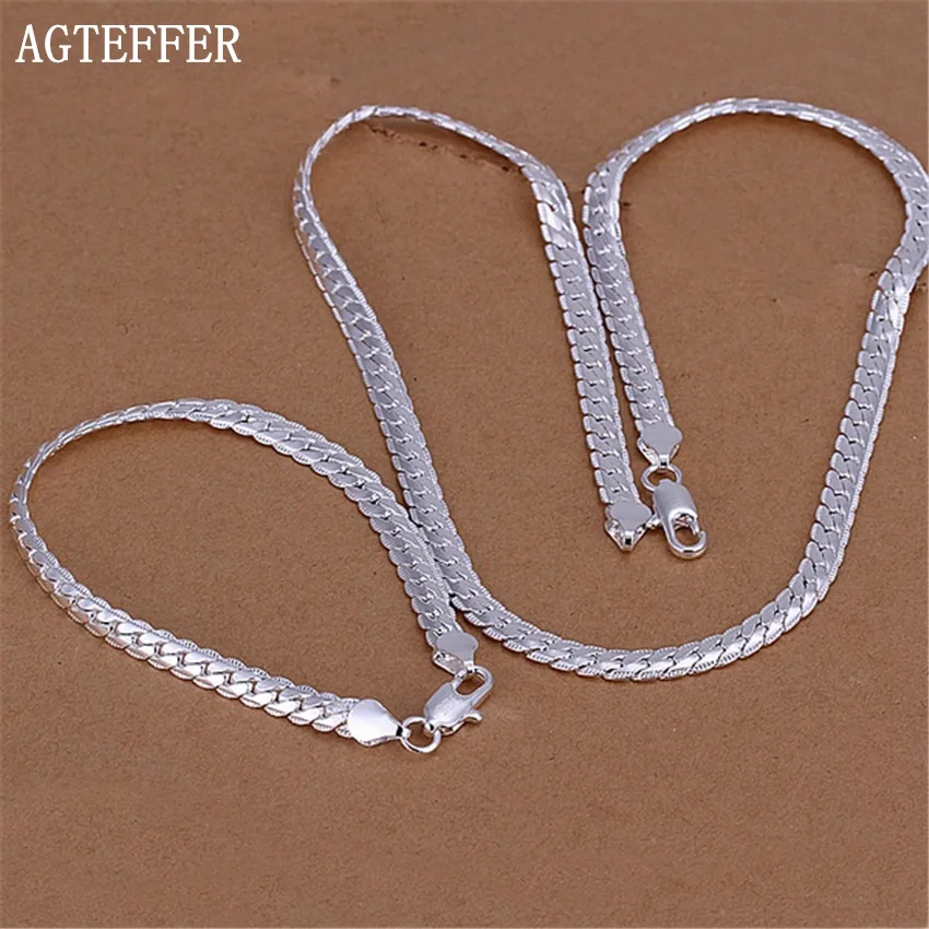 

Комплект из браслета и ожерелья AGTEFFER, из серебра 925 пробы, Классическая плоская цепь 5 мм для мужчин и женщин, 18/20/22/24 дюймов, вечерние