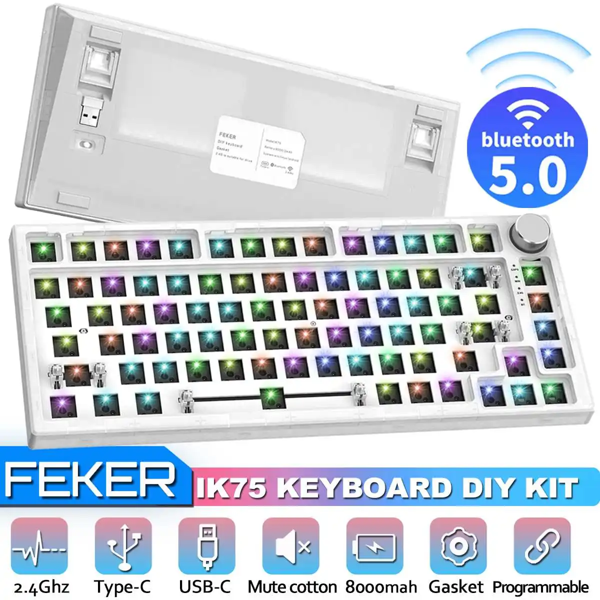 

FEKER IK75 Mechanical Keyboard Kit 82 Key Button Knob In 2.4G mode Wired + bluetooth 5.0 + 2.4G Connection With 8000Ma Battery