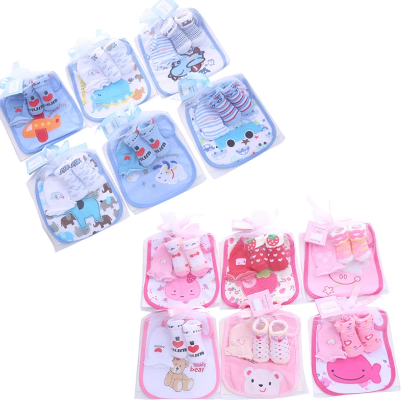 3Pcs Baby Cotton Bibs Towel Socks Sets Newborn Kids Burp Cloths+Socks +Anti-scratch Gloves Boys Girls Christmas Birthday Gift | Детская