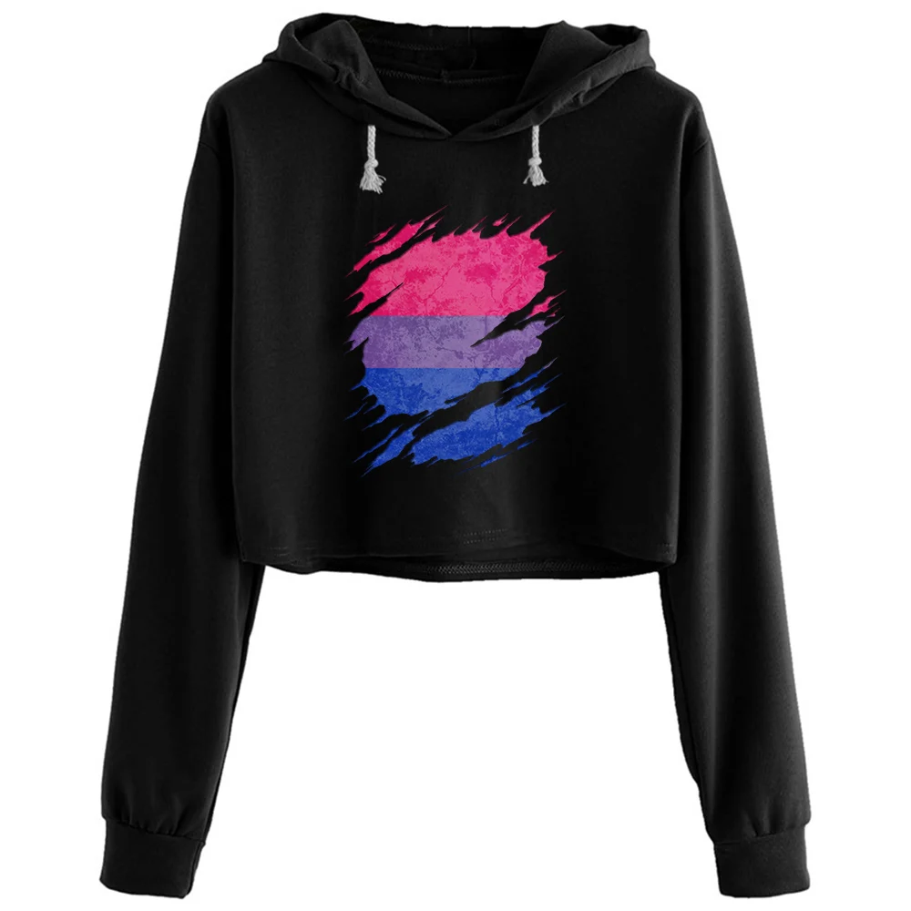 

Bisexual Pride Flag Ripped Reveal Crop Hoodies Women Grunge Harajuku Anime Emo Pullover For Girls