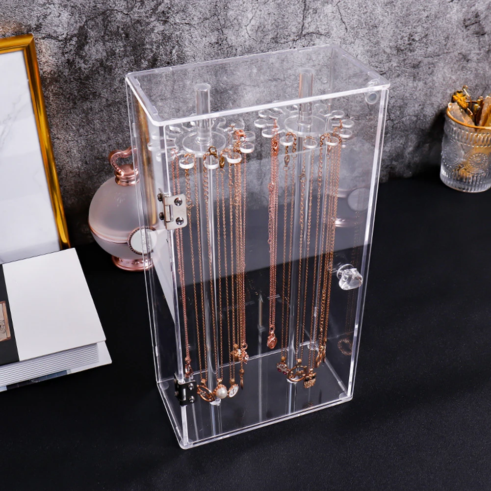 

Desktop Rotation Necklace Display Stand Clear Acrylic Pendant Home Anti-Dust Jewelry Holder Gift 24 Hooks Bedroom Storage Box