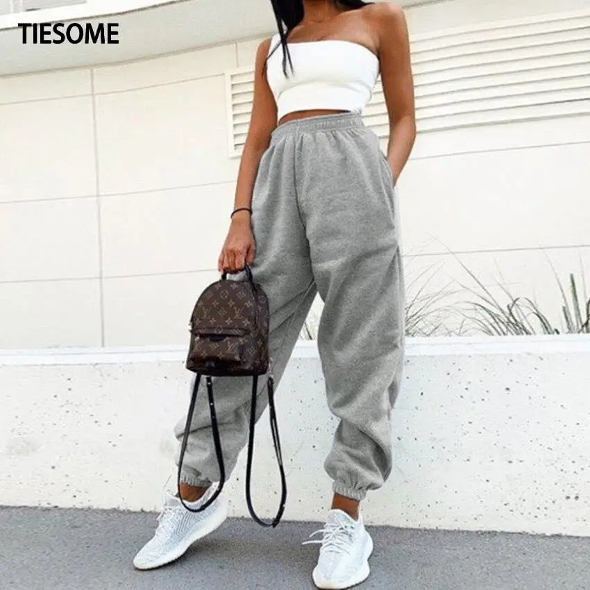 

TIESOME Women Jogger Sweatpants Casual Solid Elastic Waist Trousers Pockets Hip Hop Contrast Color Lady Trouser Warm Bottom