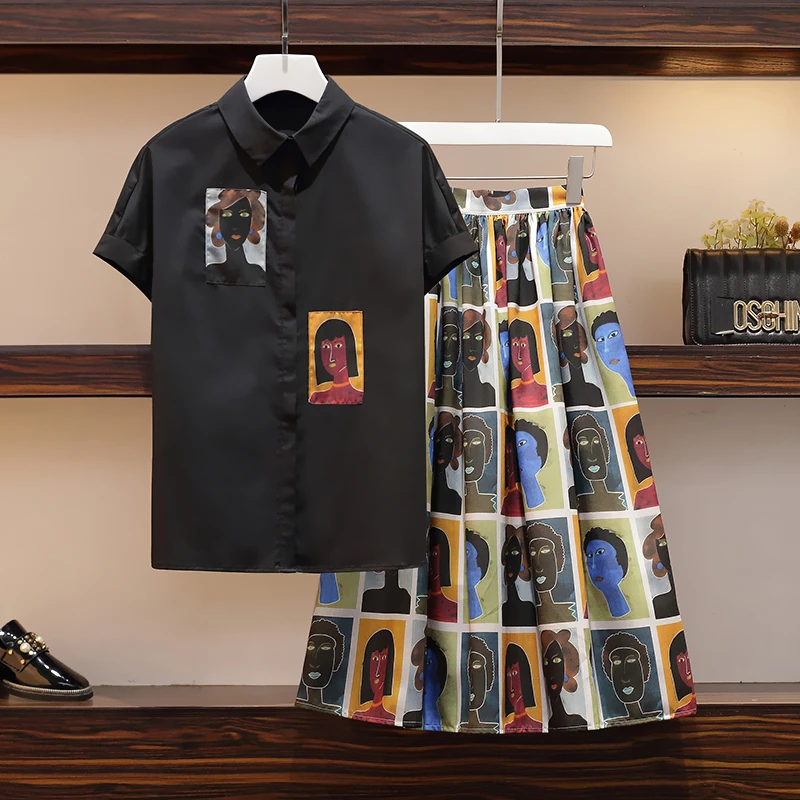 Абстрактный Аватар Печать рубашка и Юбки Женский комплект 2 шт. 2020 Лето ретро