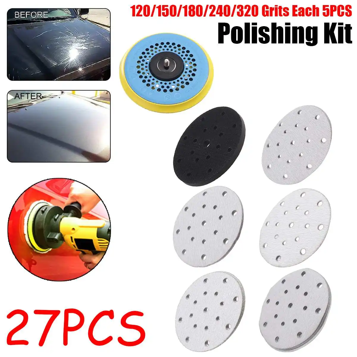 

27PCS 6 inch 150mm Sandpaper Sanding Disc Wet Dry Sander Sheets with Sanding Pad Foam Buffing Pad Grinding Abrasive Sanding Set