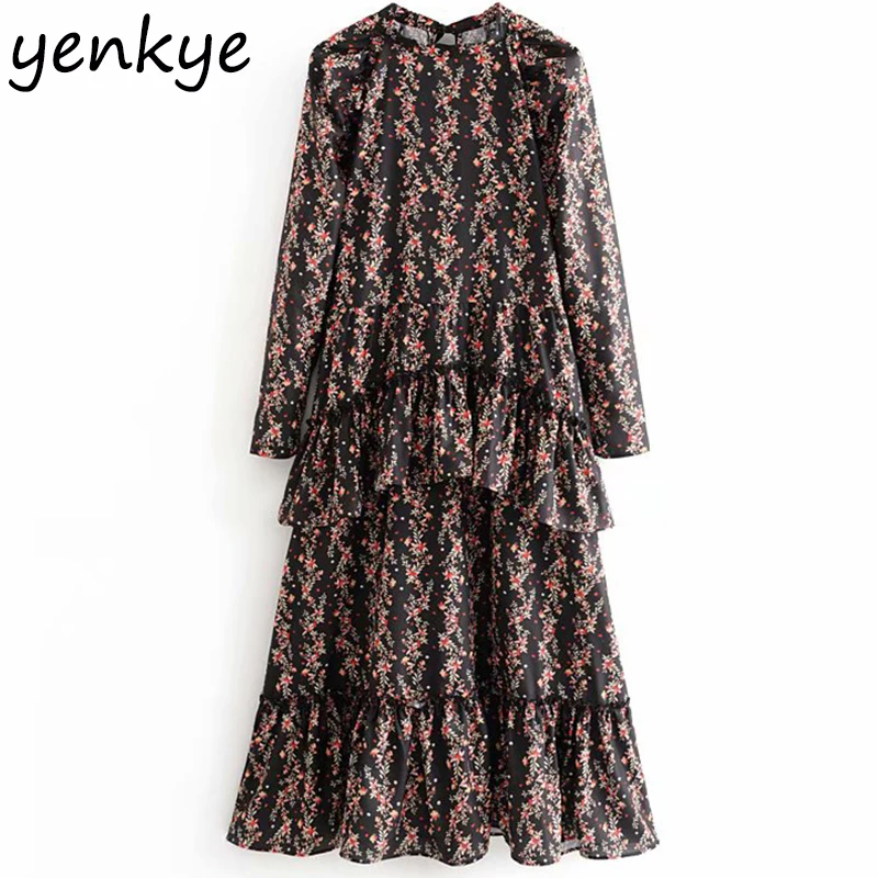 2019 Для женщин рюшами Винтаж Цветочный принт платье Женский с круглым вырезом и