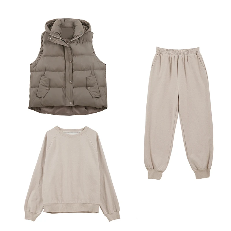 Женский спортивный костюм из трех предметов теплый жилет с капюшоном и штаны