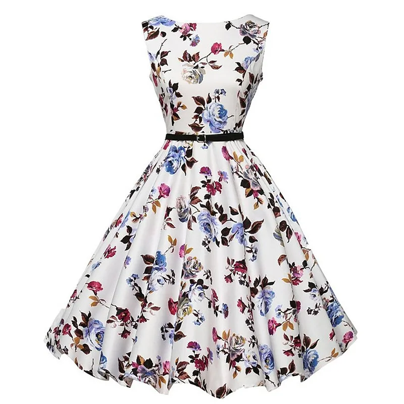 

Women Dresses Summer Sexy 50s Pinup Rockabilly Retro Vintage Dress Print O-Neck Vestidos Casual Sleeveless Party Wear Dress