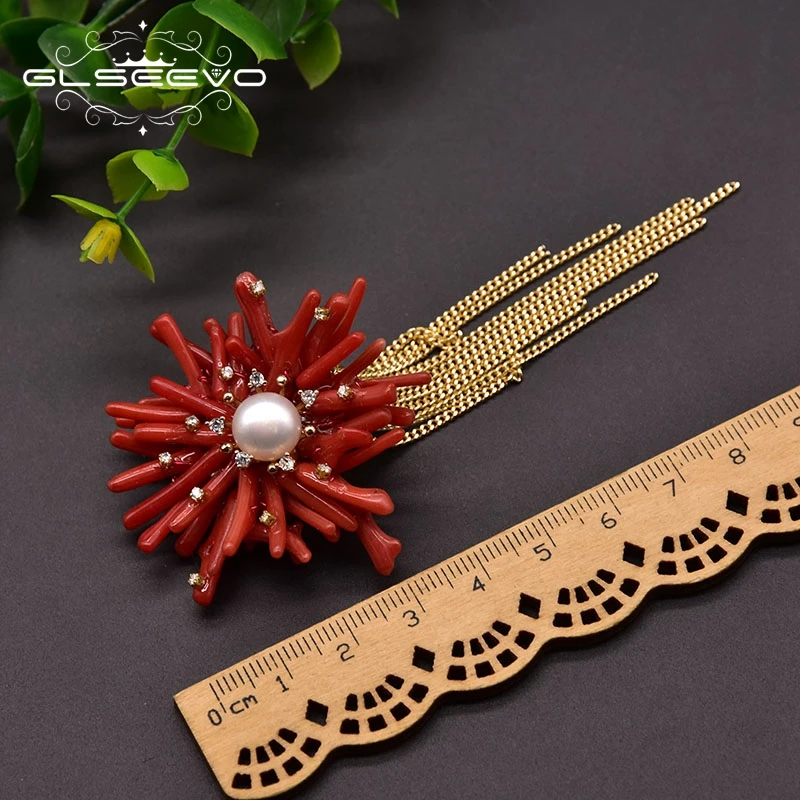 

GLSEEVO Original Handmade Natural Freshwater Baroque Pearl Brooch For Woman Wedding Gift Coral Flower Luxury Jewelry GO0372