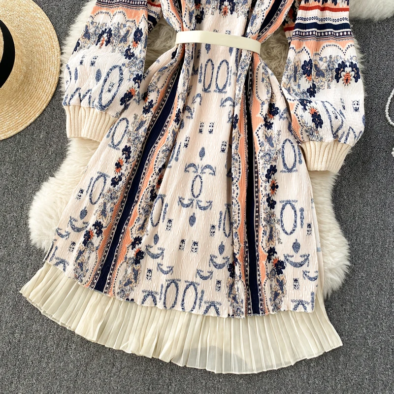 

Spring 2021 Fashion New Knitting Jacquard Sweater Vestidos Female Stitching Retro Printing Bubble Sleeve Midi Dresses