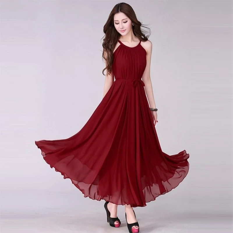 Женское платье-макси бордового и красного цвета длинное летнее пляжное платье