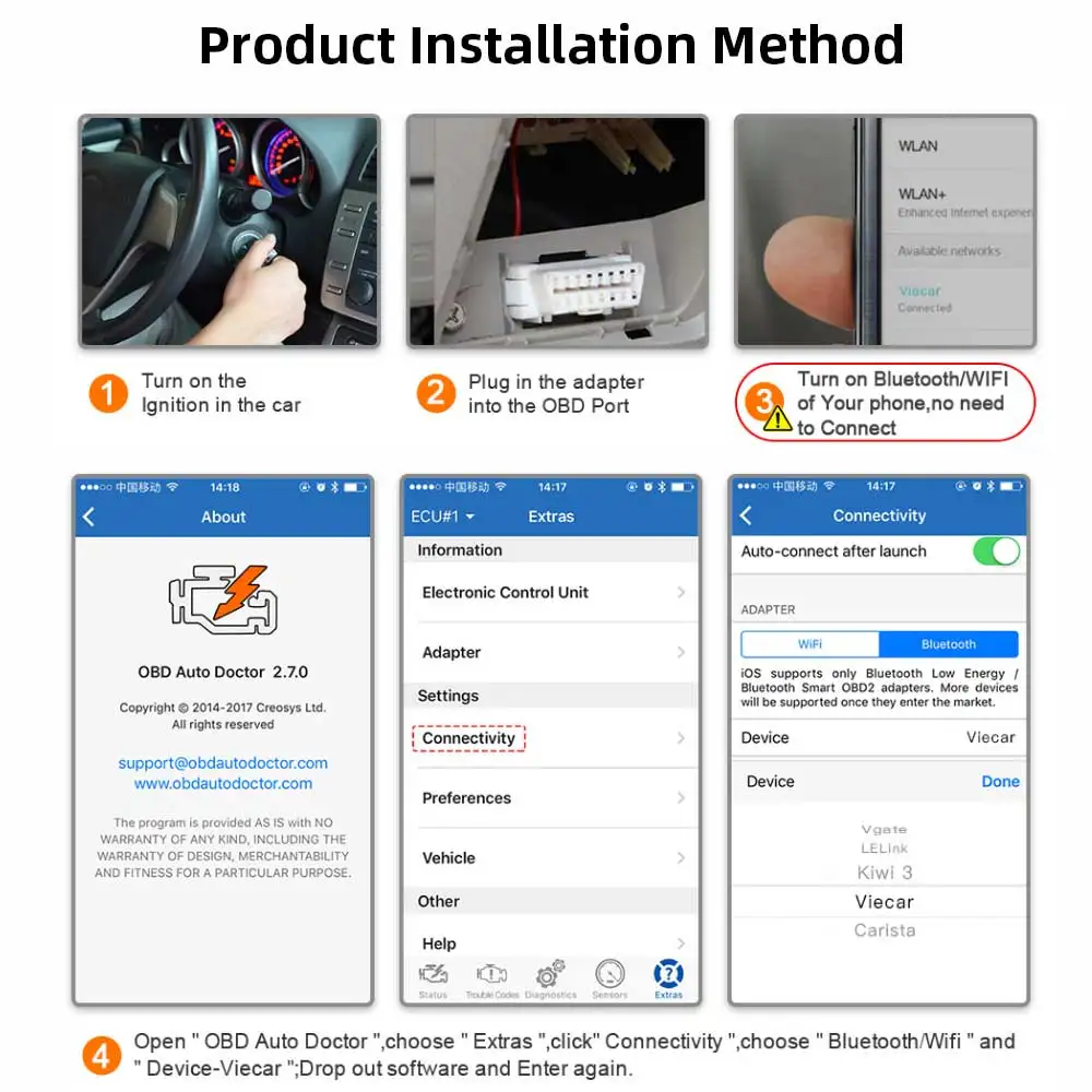 Viecar OBD2 сканер ELM 327 Bluetooth 4 0 V1.5 для Android/IOS/WINDOWS OBD II автомобильный диагностический