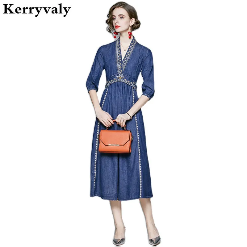 Женское джинсовое платье в китайском стиле ретро улучшенное свободное Hanfu синее