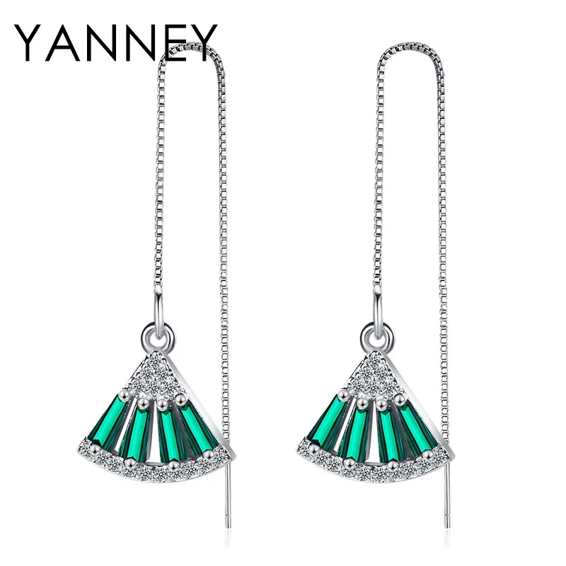 

YANNEY 925 Sterling Silver 110MM Long Tassel Fan Zircon Pendant Earrings For Women Fashion Luxury Wedding Jewelry Gifts