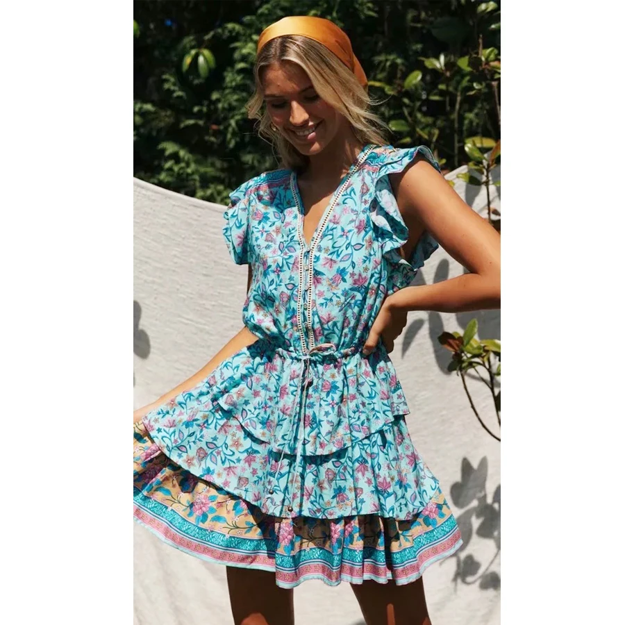 AYUALIN Мини платье для женщин vestidos пляжная одежда с цветочным принтом v образным