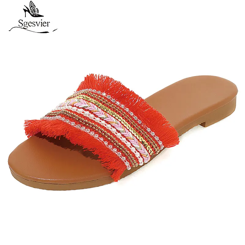 

Sgesvier 2021 New Arrival Women Slippers Bohemia Comfortable Casual Shoes Summer Flat Heel Ladies Mules Shoes Orange Sandals