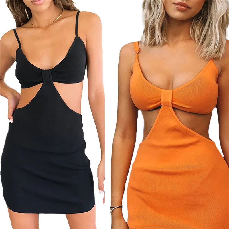 

Женское трикотажное мини-платье Y2K, с лямкой на шее, с открытой спиной и перекрещивающимися книзу вырезами, облегающее платье с кулиской веч...