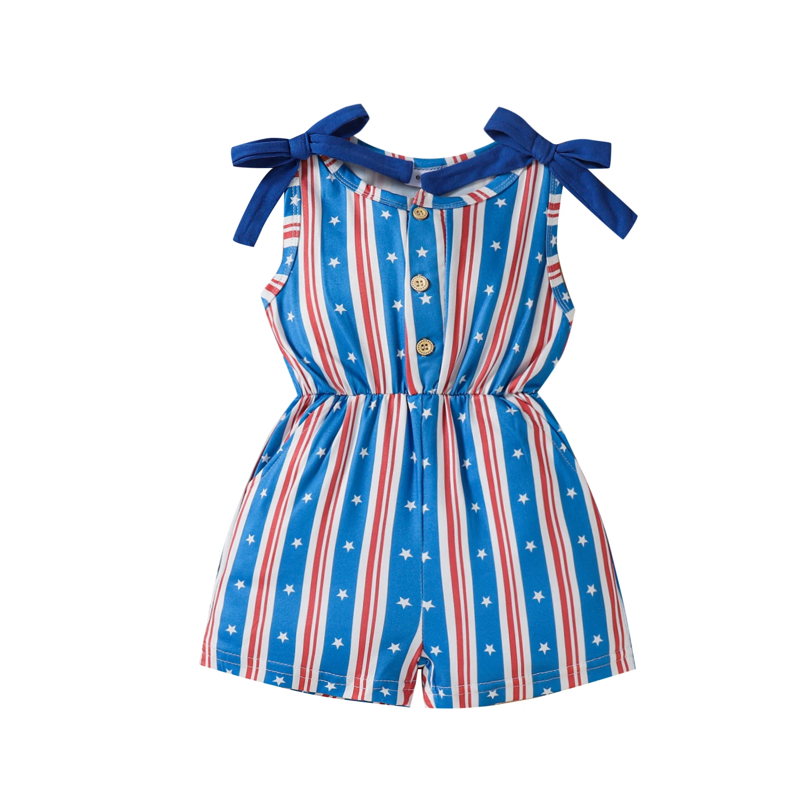 

Little Girls Independence Day Jumpsuit, Summer Toddlers Stripe Star Printing Sleeveless Bow Decoration Siamese Trousers