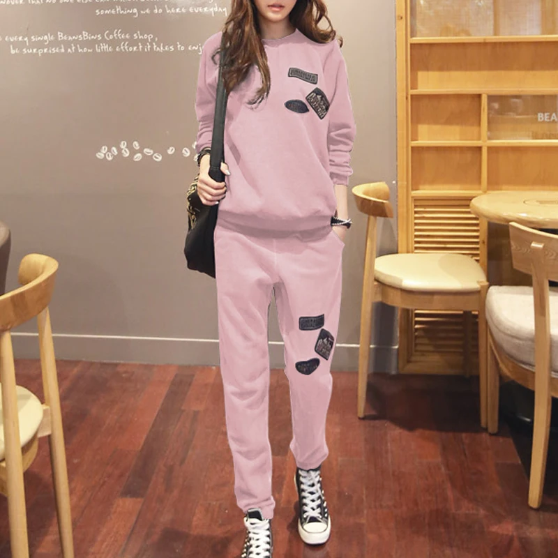 Pink Spring S-6XL, женская спортивная одежда, спортивные костюмы, весна, осень, зима, повседневные, плюс бархат, Толстая Толстовка+ штаны, комплекты для женщин размера плюс - Цвет: Pink Spring