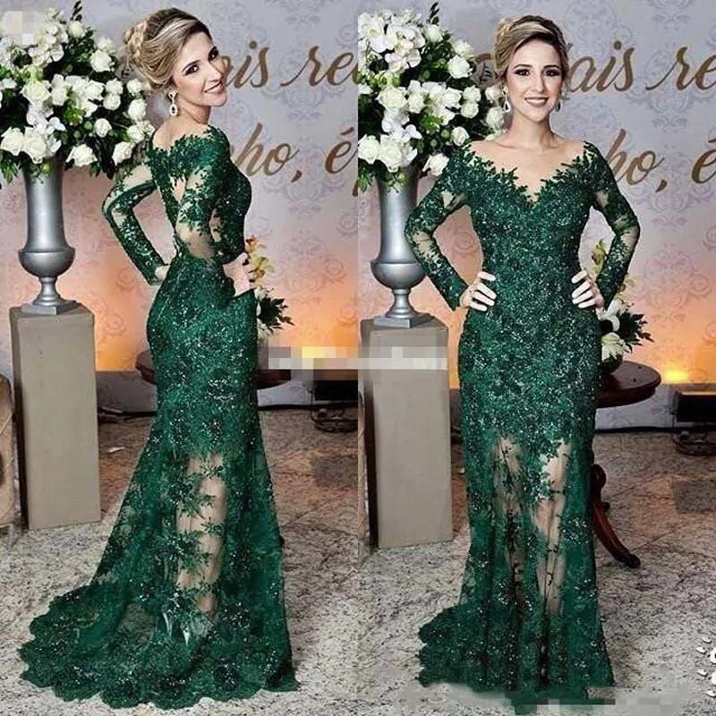 Новинка, темно-зеленые платья для матери невесты, Воротник Sheer Jewel, Кружевная аппликация, длинный рукав, Русалка, Формальное вечернее платье для выпускного вечера