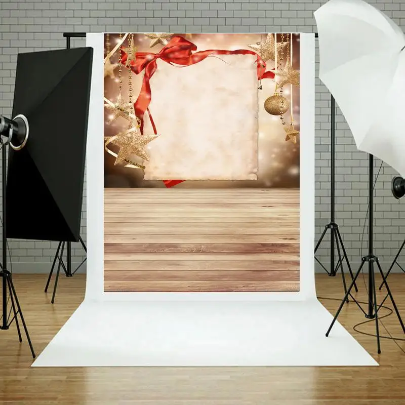 

Red Bow Letterhead Christmas Balls Golden Stars Wooden Floor Backgrounds Photography Backdrops Newborn Portrait For Photo Studio