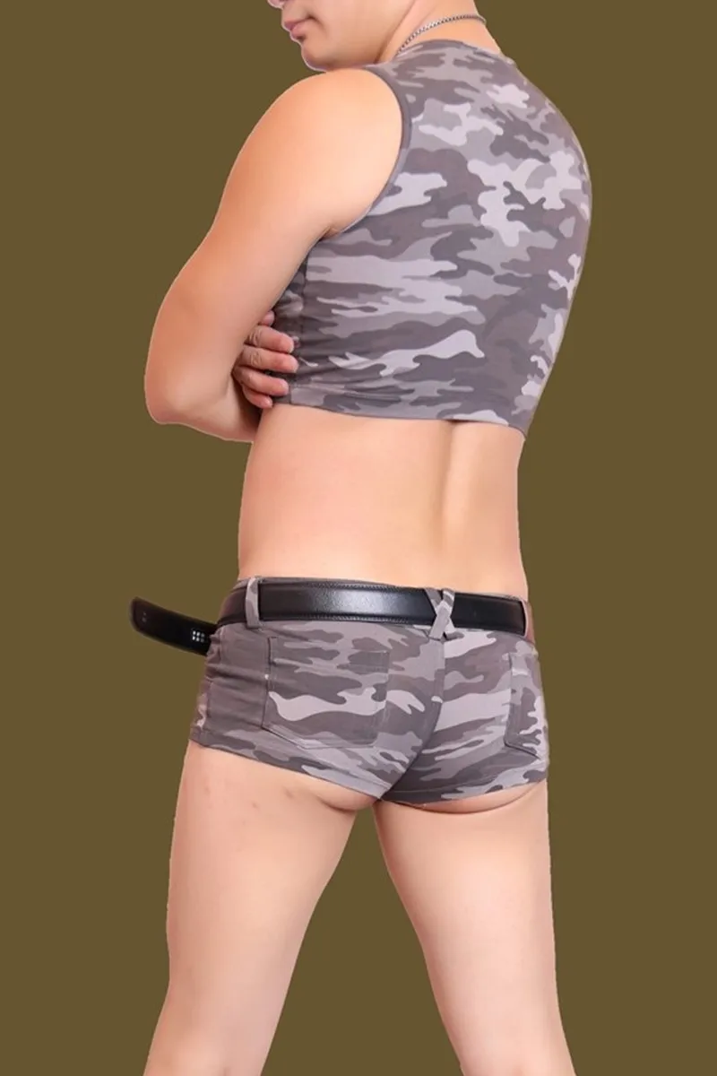 

Lycra Vest With Tops Camouflage Men Body Shaper Zipper Ccardigan Low Waist Camouflage Patterned Shorts Boxer Brief CS Camouflage
