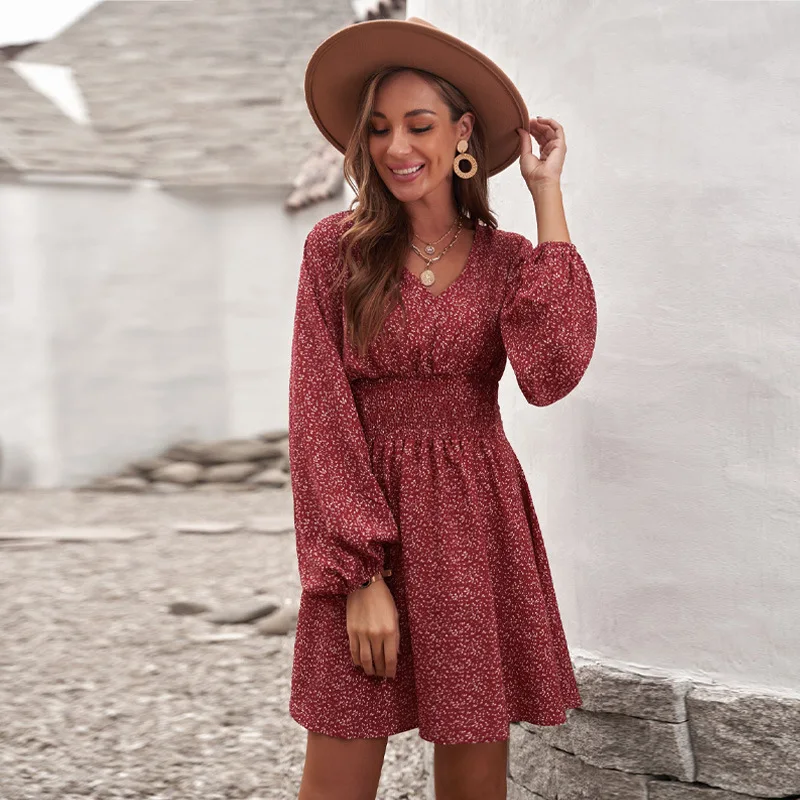 

Spring Floral Print Slim A-line Shirt Dress Women V-neck Lantern Sleeve Party Dress Autumn Long Sleeve Elastic Waist Dresses Hot