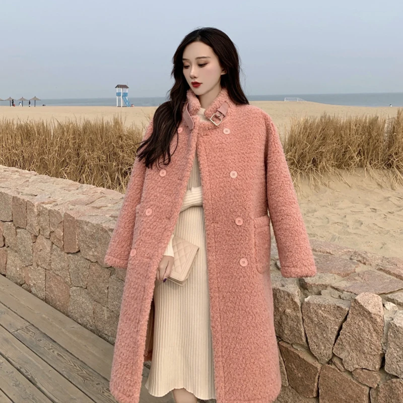 Однотонное шерстяное пальто из овечьей шерсти женские зимние теплые толстые