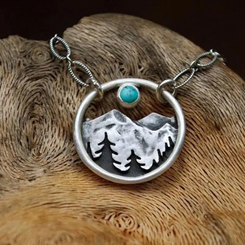 Dreamer Silver Mountain and Pine Round Pendant Necklace Feminine Charm | Charms