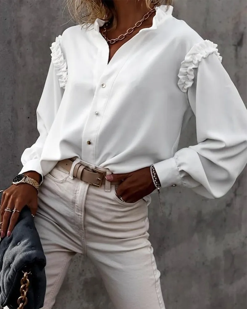 Women's 2021 New Autumn Winter Wood Ear Stitching Lantern Sleeve Tops Frill Trim Button Up Top | Женская одежда