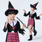 Детский костюм для косплея ведьмы на Хэллоуин, розовая клетчатая юбка для девочек, платье для карнавала и вечерние с заостренной шляпой, женская одежда 2022