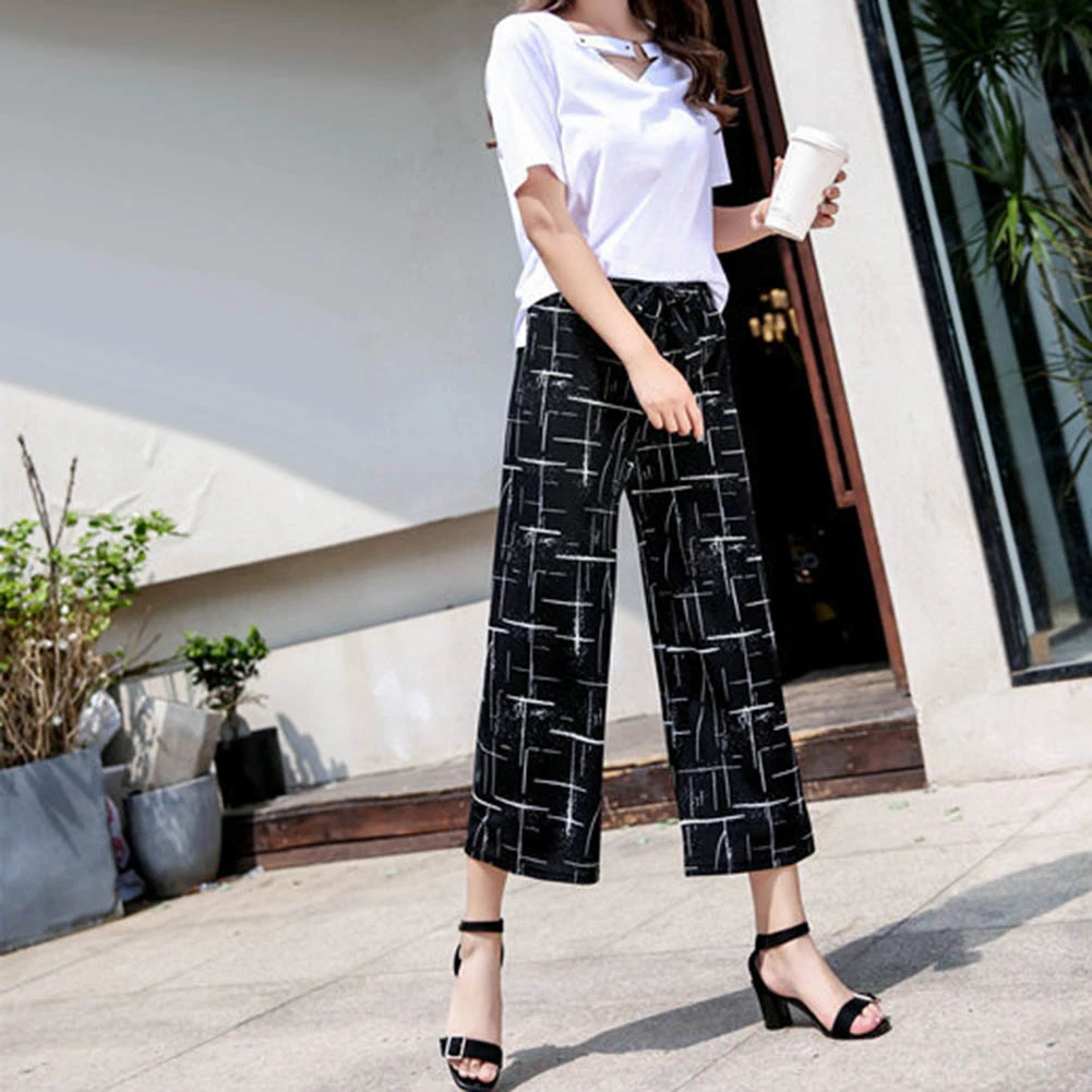 Летние модные женские полосатые свободные прямые широкие брюки на шнуровке 9/10