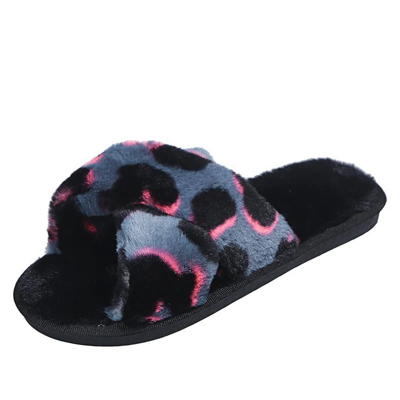

MCCKLE Women Plush Slippers Open Toe Female Indoors Home Floor Slipper Women's Autumn Flat Shoes Ladies Leopard Casual Fashion