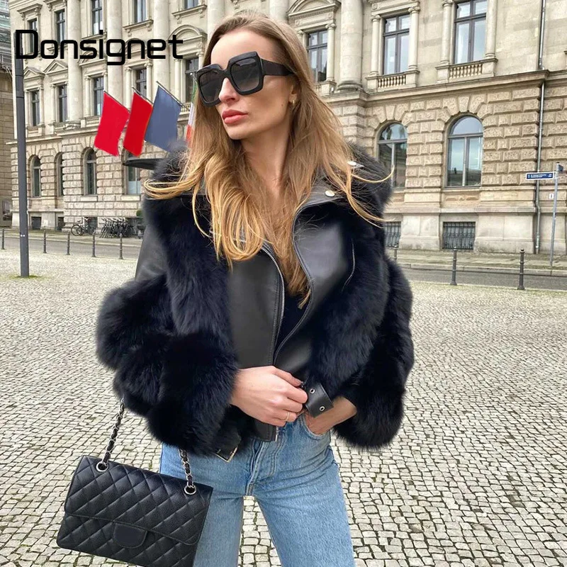 

Donsignet Winter Long Sleeve Turn-down Collar Faux Fur Spliced Black Fur Without Belt Double-faced Fur Jackets Women