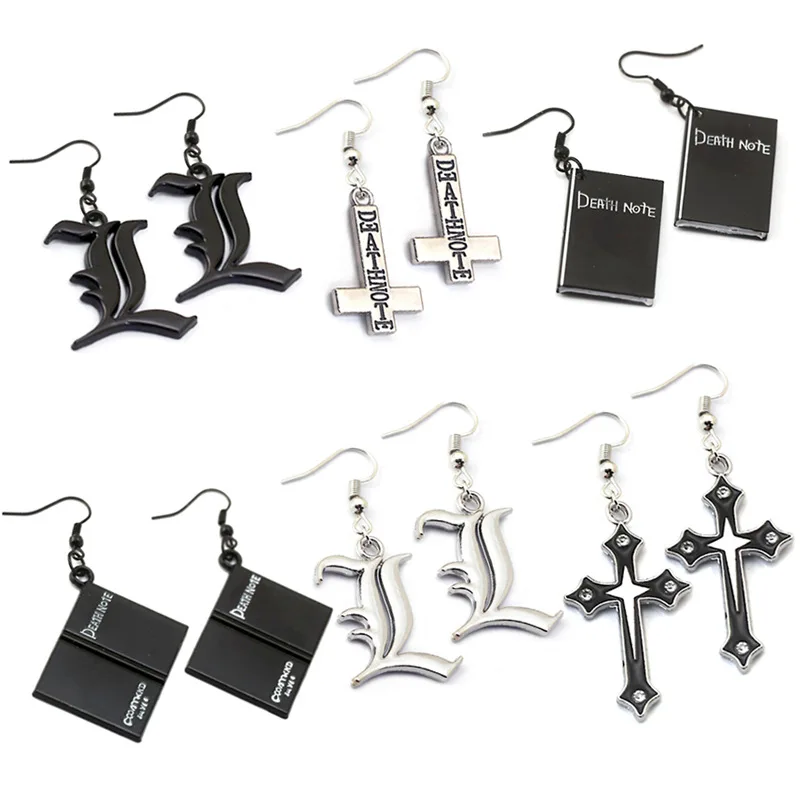 Anime Death Note Book Pendant Drop Earrings Stainless Steel Cross Black Death Note Double L Earring Cosplay Jewelry Birthday gif