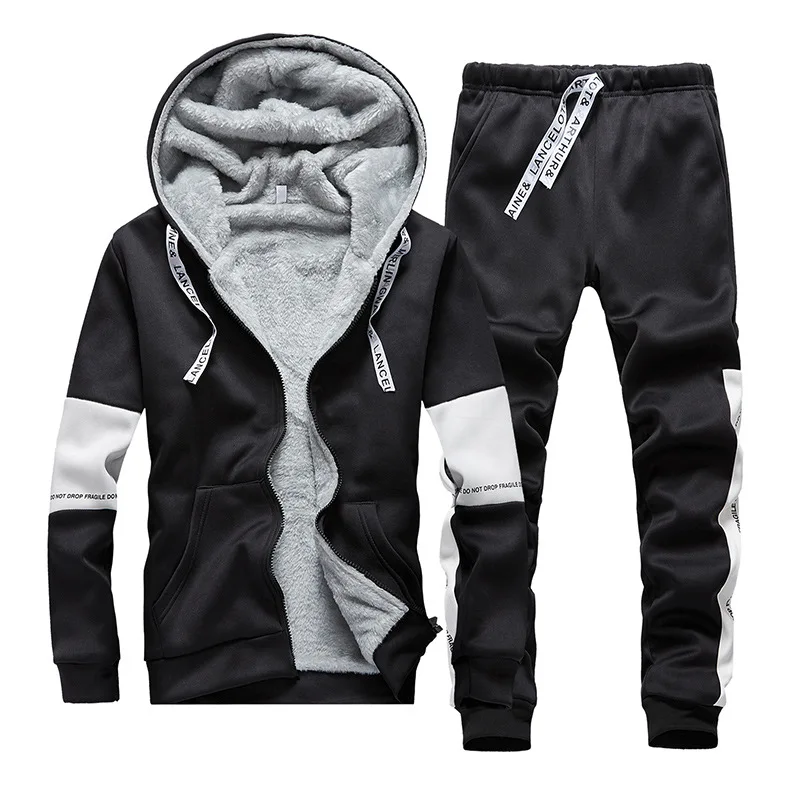 

Winter Fleece Mens Sport Sets Warm Thick Hoodies Sportswear Tracksuit Running Casual Jackets Pants Two Pieces Sets Male PlusSize