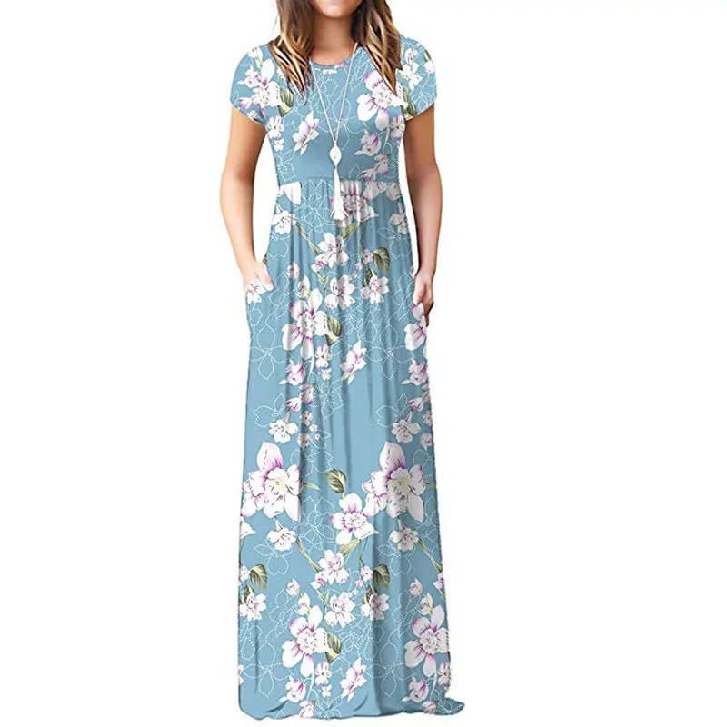 

2021 Summer Maxi Floral Dress Women Long Party Dress Ladies Loose Pocket Short Sleeve Casual Dress Robe Femme Sundress