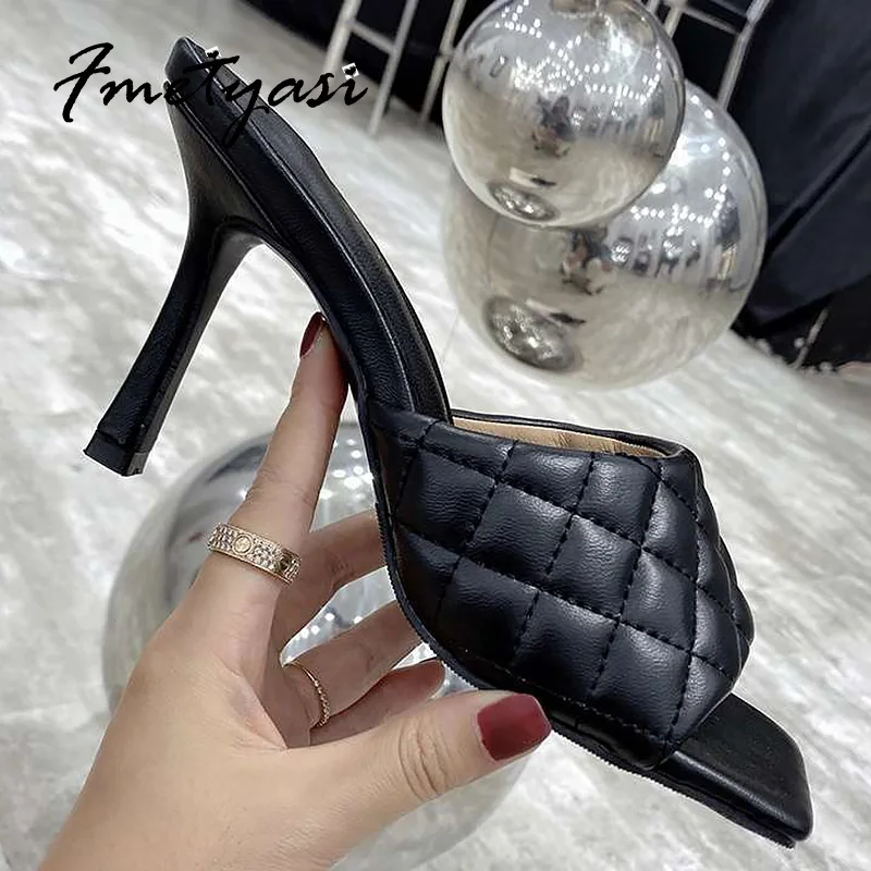 

High-heeled Sandals for Women Square Toe Lattice Pumps Sewing Slingbacks Peep Toe Solid 2021 Summer New Modern Sandals