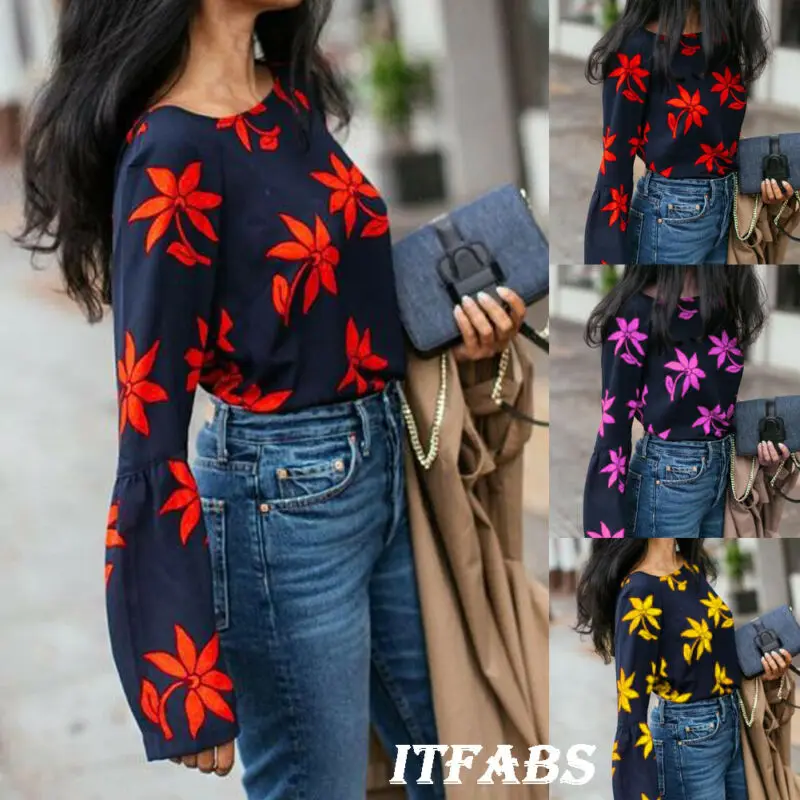 Женская футболка с длинным рукавом круглым вырезом и принтом в виде кленовых