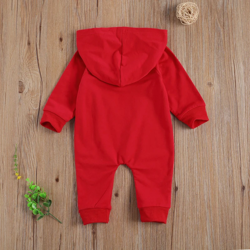 

lioraitiin 0-18M Newborn Christmas Romper Clothing Toddler Baby Boy GIrl Zipper Long Sleeve Deer Printed Hooded Red Jumpsuit