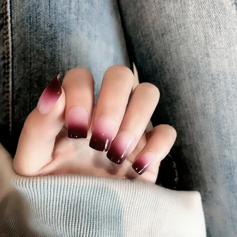 24PCS DIY Fake Nail Sheet Acrylic Glossy Bright Long Gradient Patch Double-sided Sticker Woman Fashion Art TSLM1 | Красота и здоровье