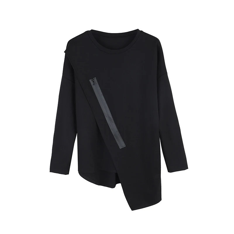 

CHICEVER Black T Shirt For Women O Neck Long Sleeve Patchwork Zipper Designer Asymmetrical Hem T Shirts Female 2021 Autumn Tide