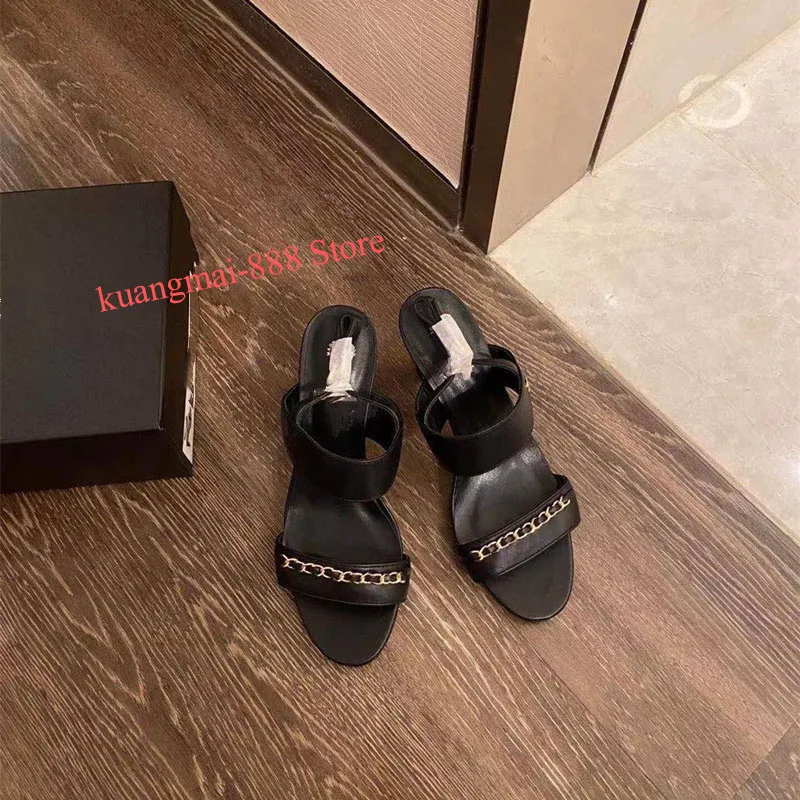 

2021 spring new fashion sexy chain word with thick heel high heel half drag sandals