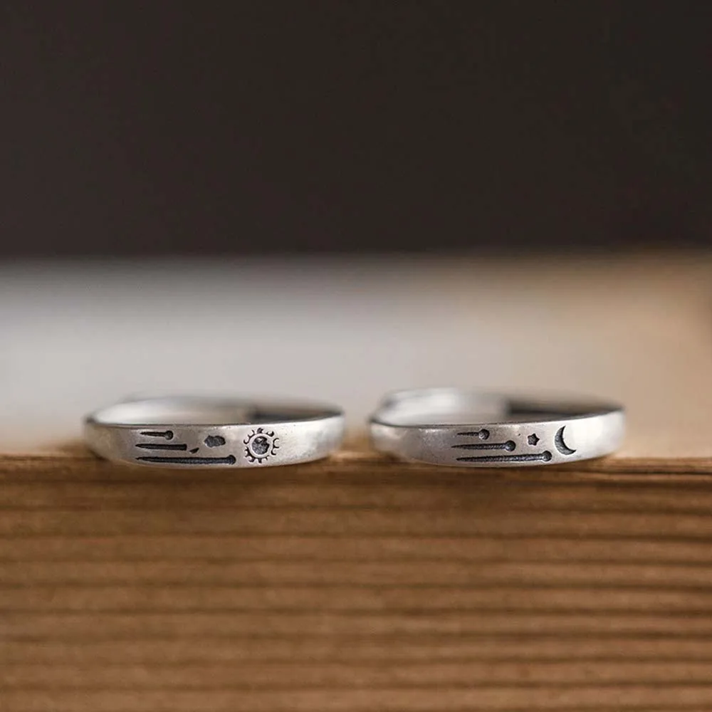 

S925 Korean Style Retro Sun Moon Open Ring Geometric Simple Personality Couple Ring