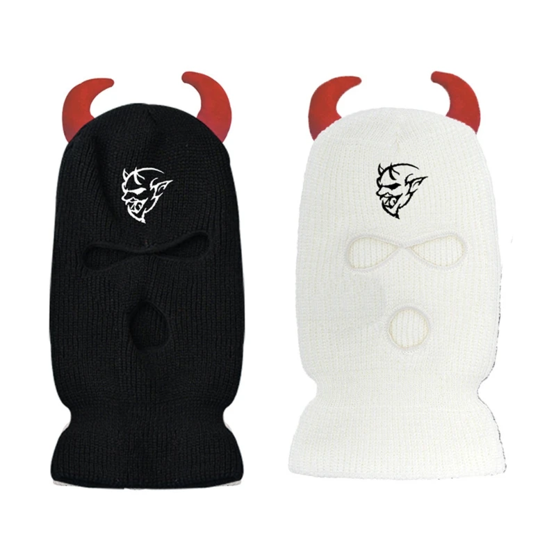 

3 Holes Devil Print Mask Knit Head Cover Balaclava Outdoor for Halloween Xmas L5YB