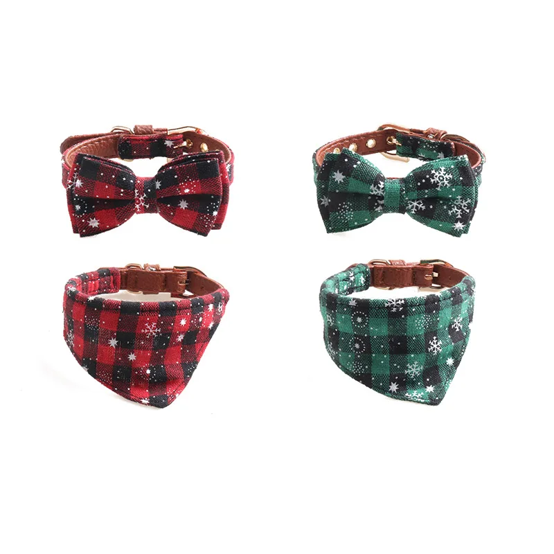 

Christmas Pet Cat Collar Snowflake Pattern Bowknot Kitten Puppy Necklace Adjustable Safety Buckle Triangle Scarf Cat Accessories
