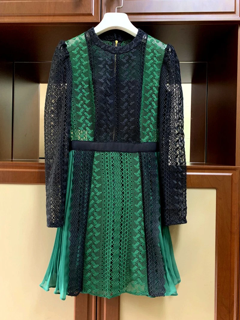 Elegant Tunic Crochet Lace Mini Dress Women 2019 Autumn New Long Sleeve Pleated Chiffon Dresses Female Bodycon Evening Vestidos | Женская